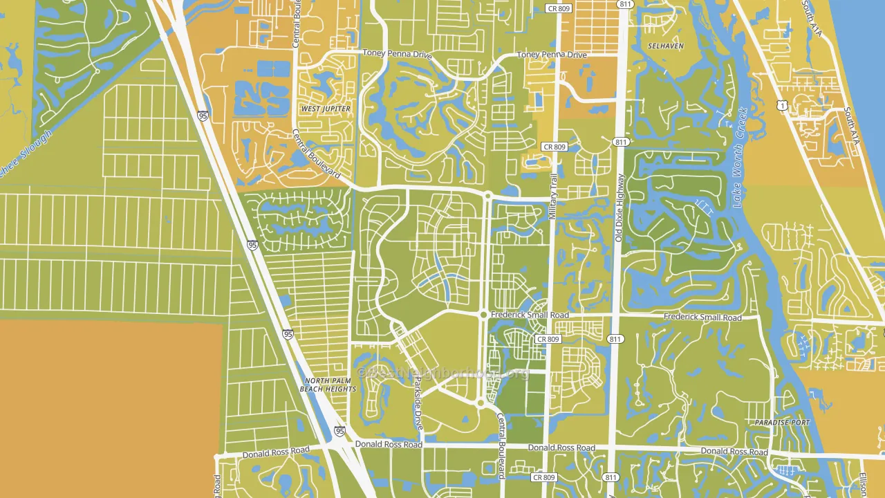 Map of the best neighborhoods in the Mallory Creek at Abacoa, Jupiter area, with better matches in green and worse matches in red