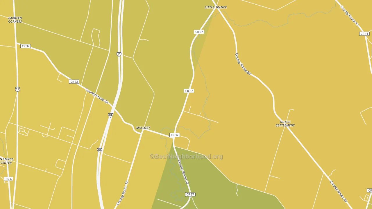 Map of the best neighborhoods in the Mallory area, with better matches in green and worse matches in red