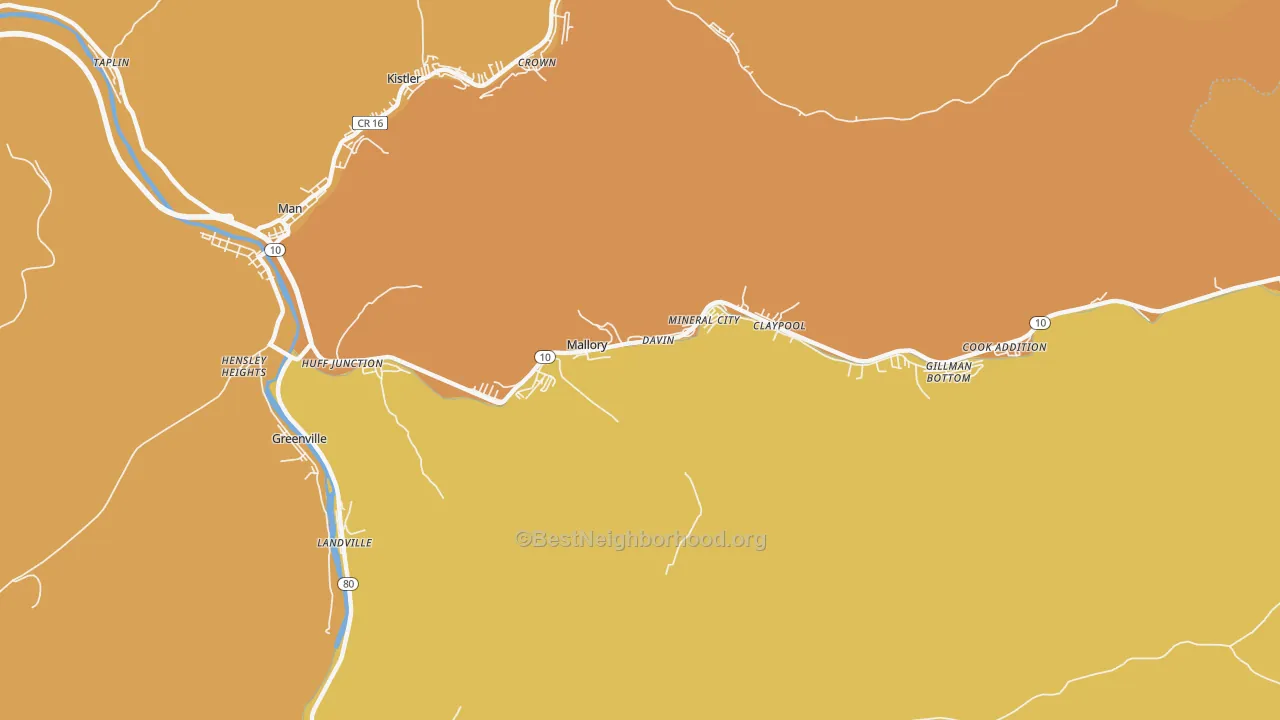 Map of the best neighborhoods in the Mallory area, with better matches in green and worse matches in red