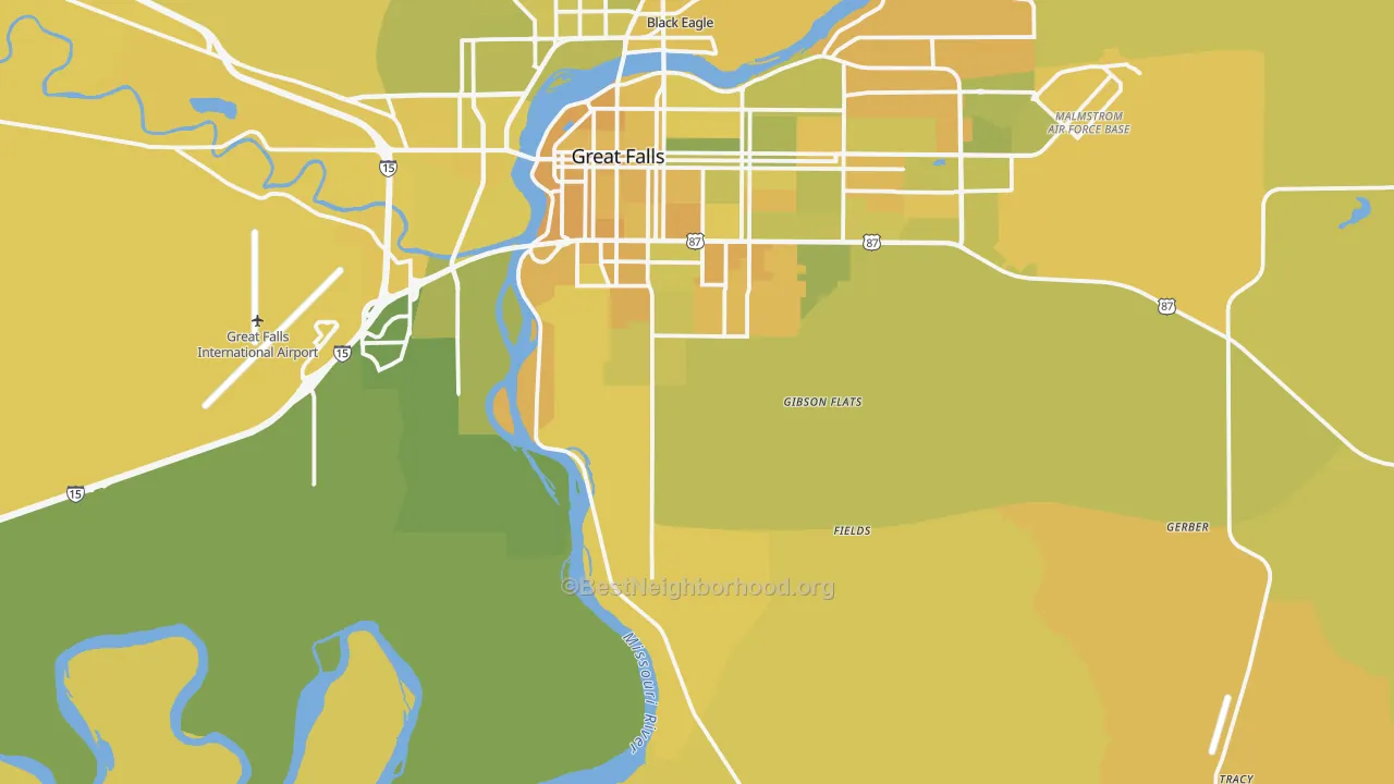 Map of the best neighborhoods in the Malmstrom Air Force Base area, with better matches in green and worse matches in red