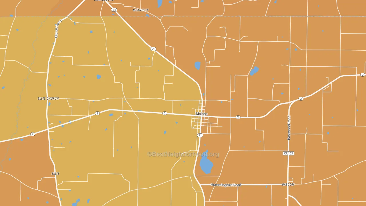 Map of the best neighborhoods in the Malone area, with better matches in green and worse matches in red