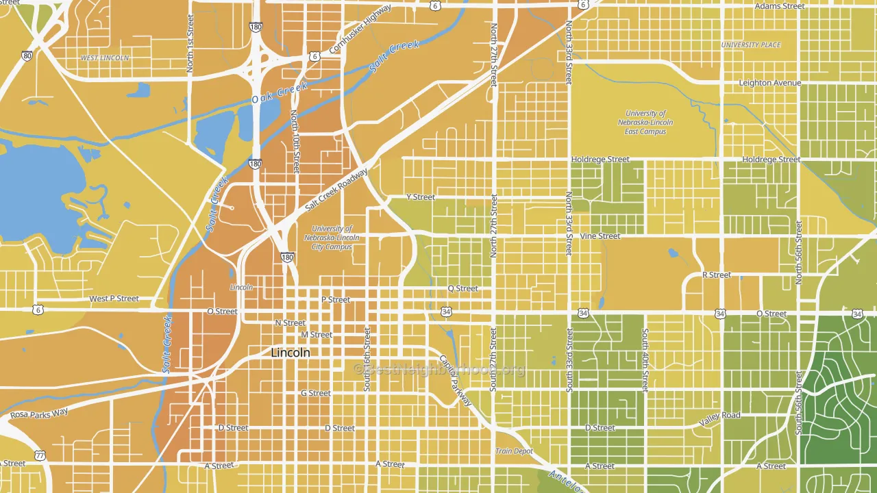 Map of the best neighborhoods in the Malone, Lincoln area, with better matches in green and worse matches in red