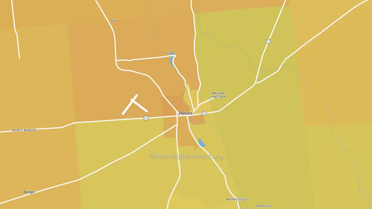 Map of the best neighborhoods in the Malone area, with better matches in green and worse matches in red