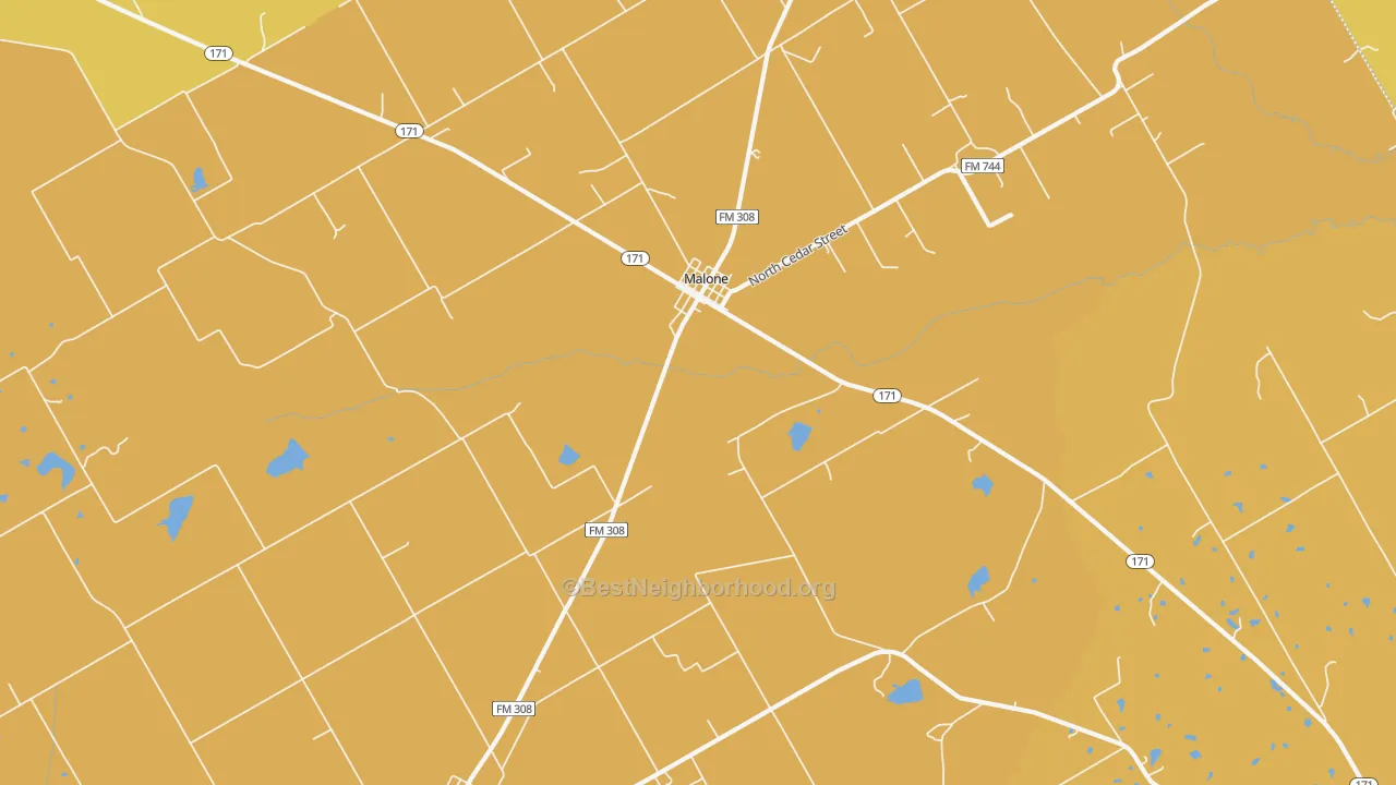 Map of the best neighborhoods in the Malone area, with better matches in green and worse matches in red