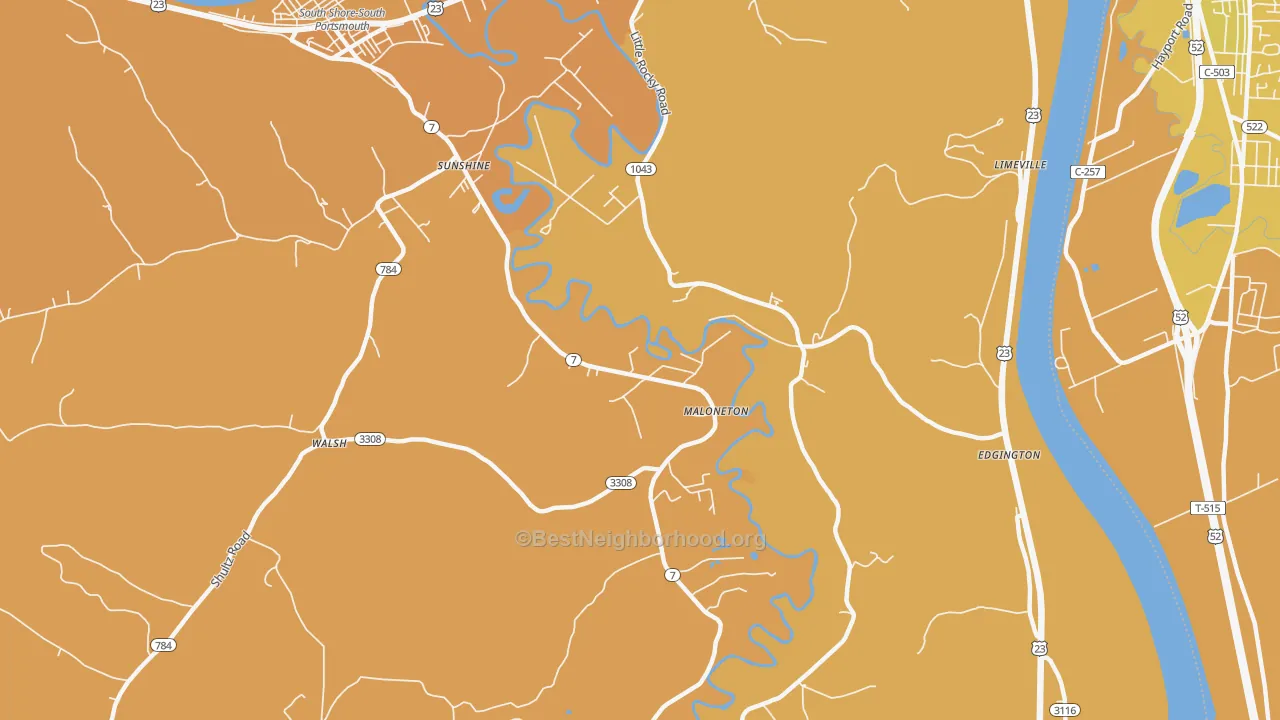 Map of the best neighborhoods in the Maloneton area, with better matches in green and worse matches in red