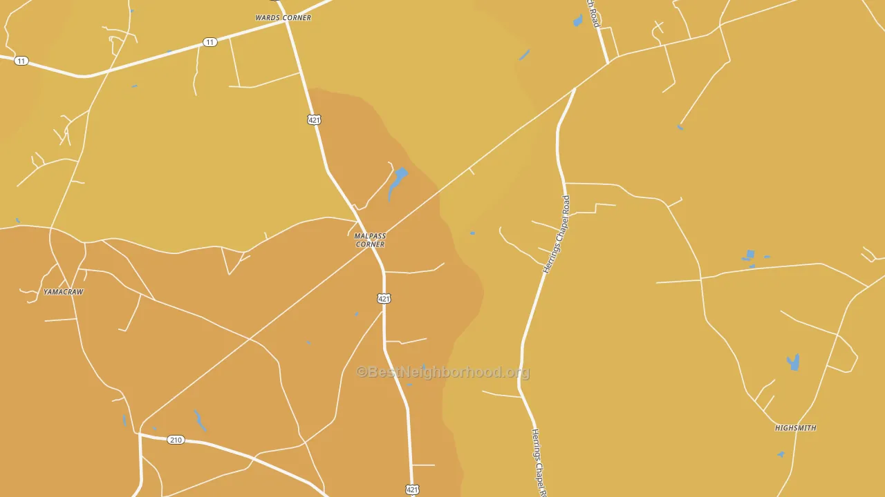 Map of the best neighborhoods in the Malpass Corner area, with better matches in green and worse matches in red