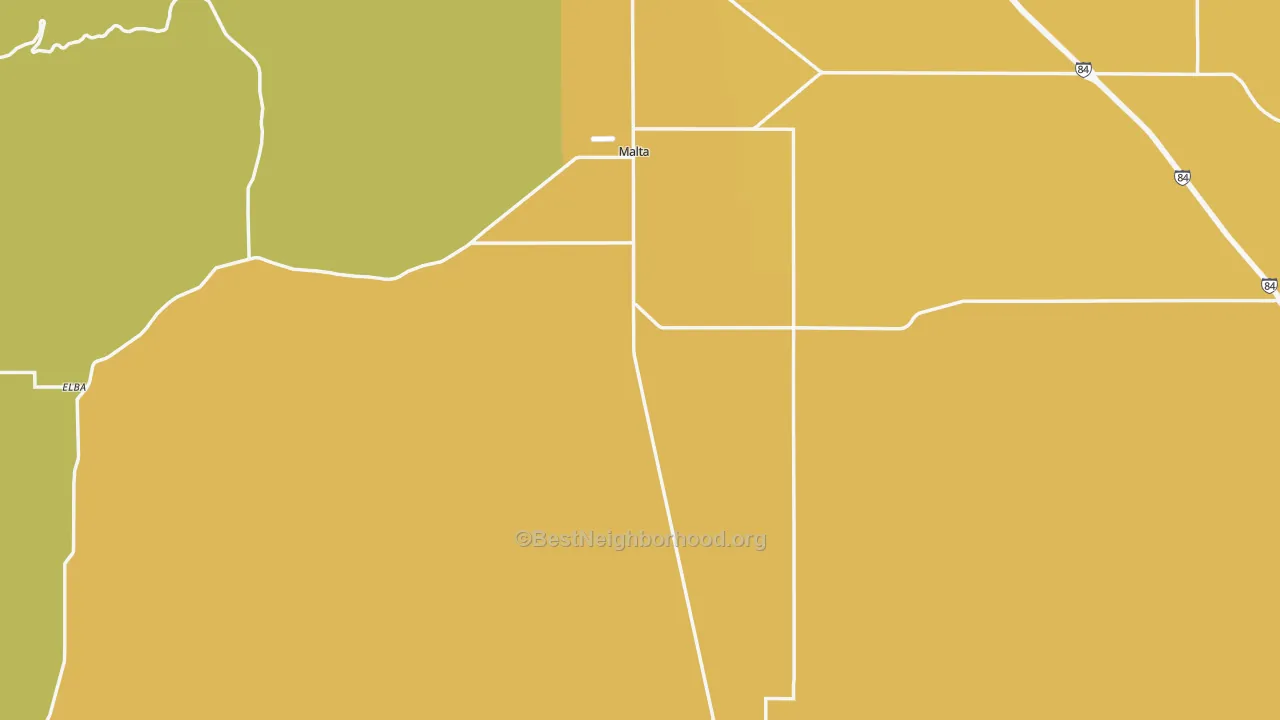 Map of the best neighborhoods in the Malta area, with better matches in green and worse matches in red