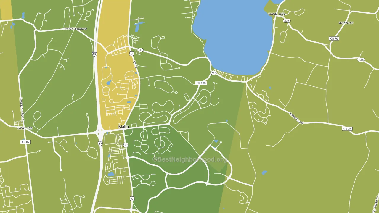 Map of the best neighborhoods in the Malta area, with better matches in green and worse matches in red