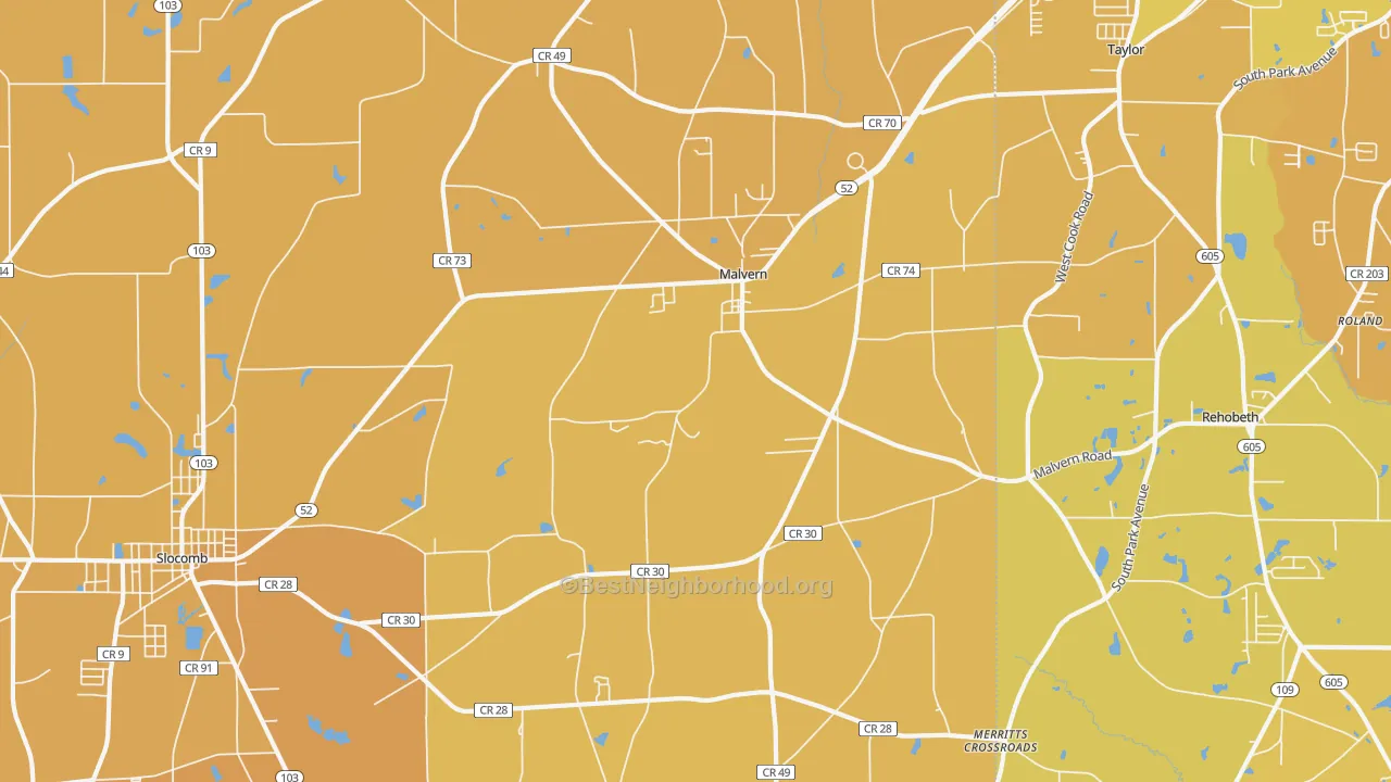 Map of the best neighborhoods in the Malvern area, with better matches in green and worse matches in red