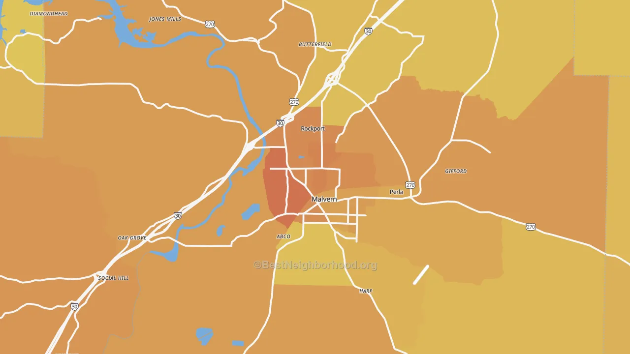 Map of the best neighborhoods in the Malvern area, with better matches in green and worse matches in red