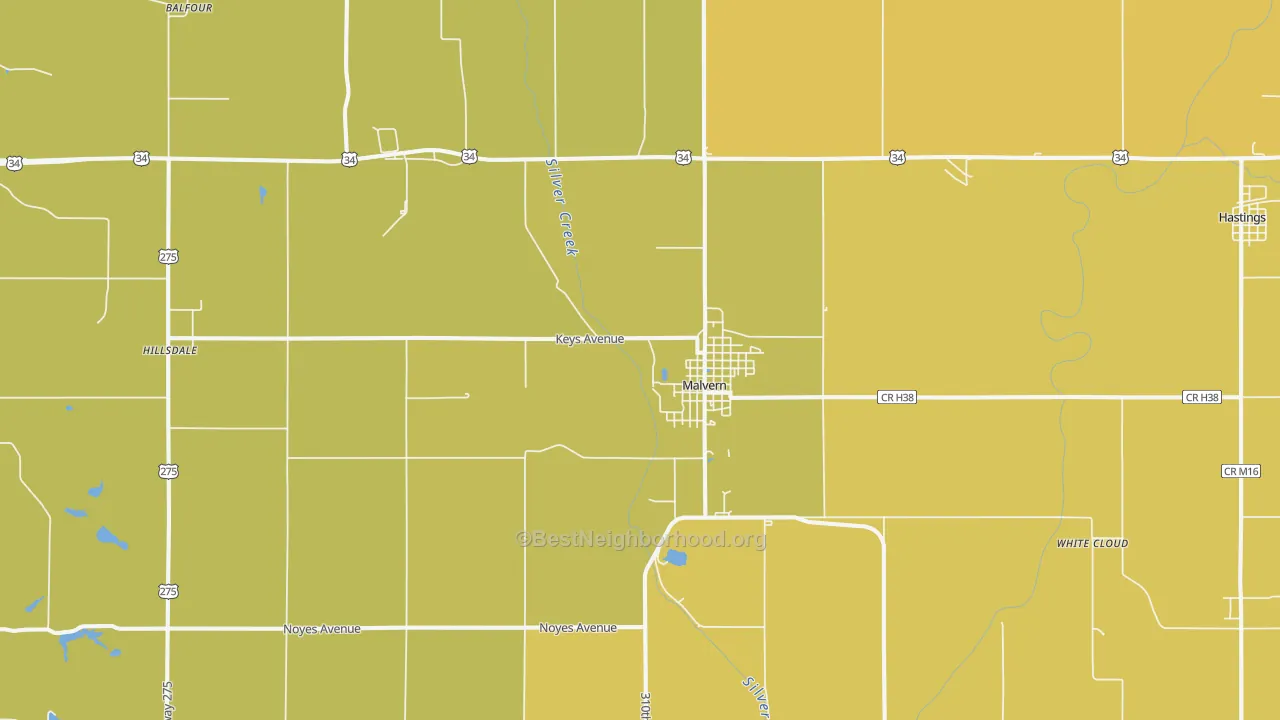 Map of the best neighborhoods in the Malvern area, with better matches in green and worse matches in red