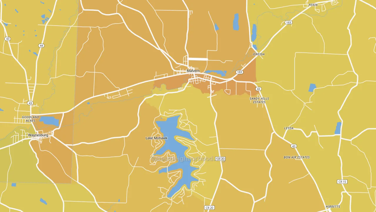 Map of the best neighborhoods in the Malvern area, with better matches in green and worse matches in red
