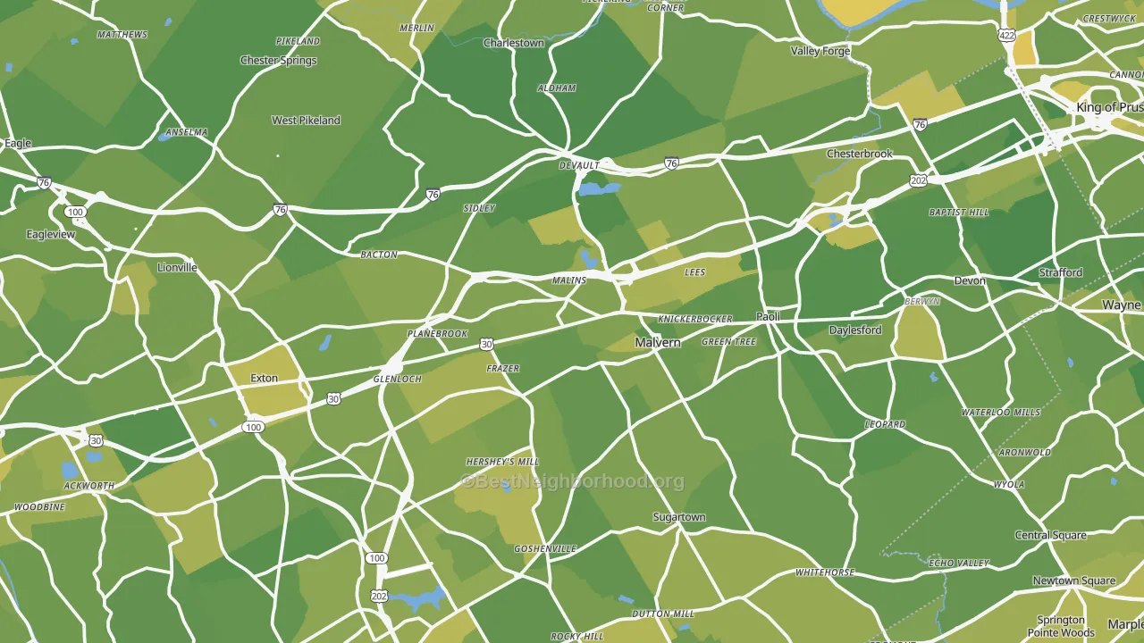 Map of the best neighborhoods in the Malvern area, with better matches in green and worse matches in red