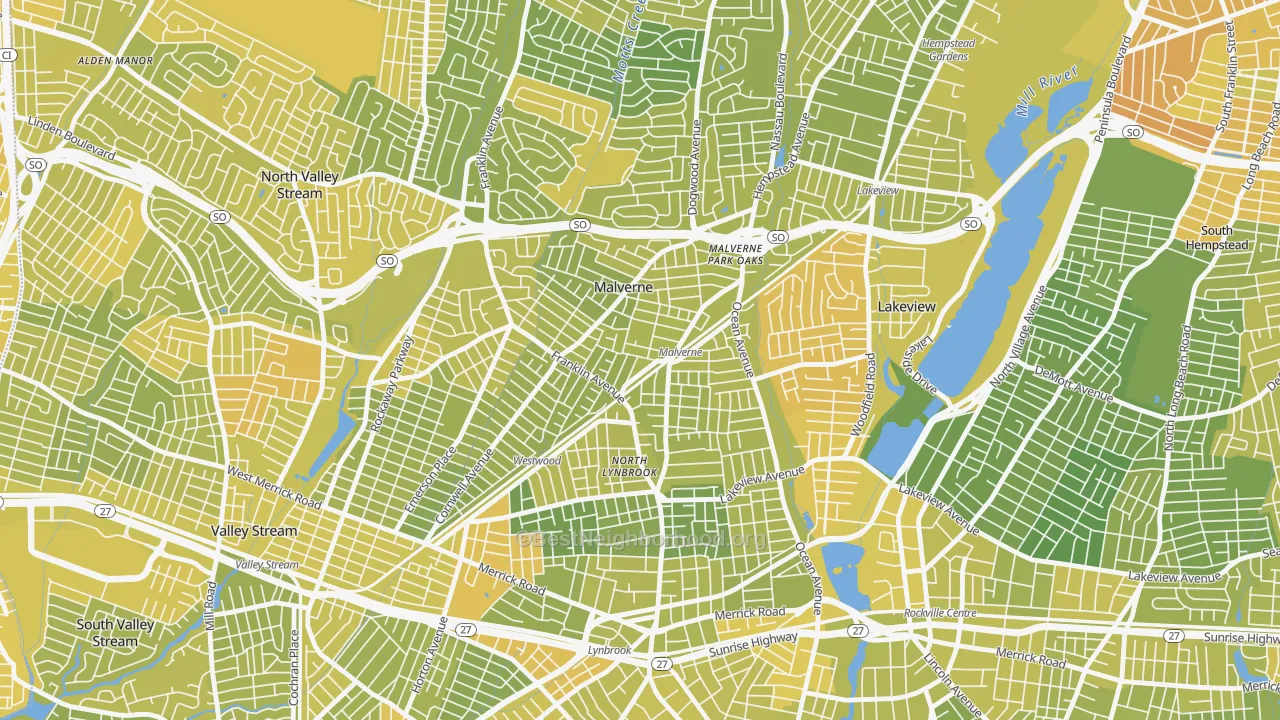 Map of the best neighborhoods in the Malverne area, with better matches in green and worse matches in red