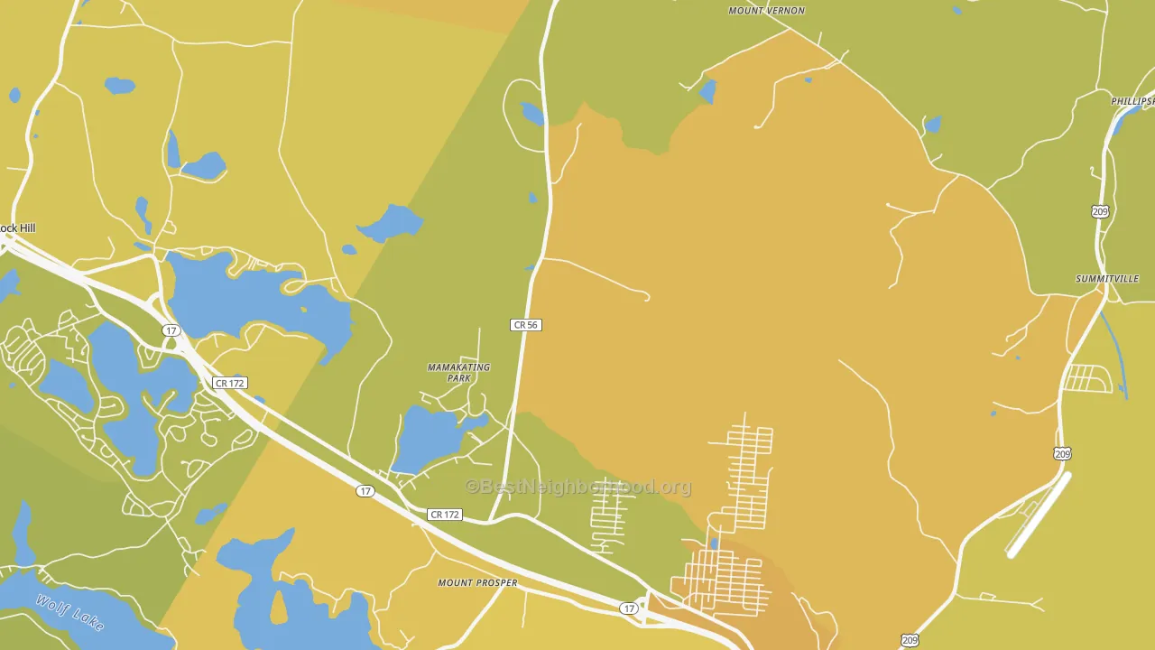 Map of the best neighborhoods in the Mamakating Park area, with better matches in green and worse matches in red