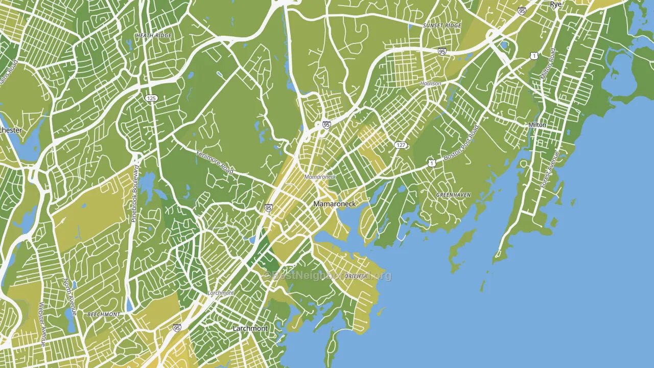 Map of the best neighborhoods in the Mamaroneck area, with better matches in green and worse matches in red