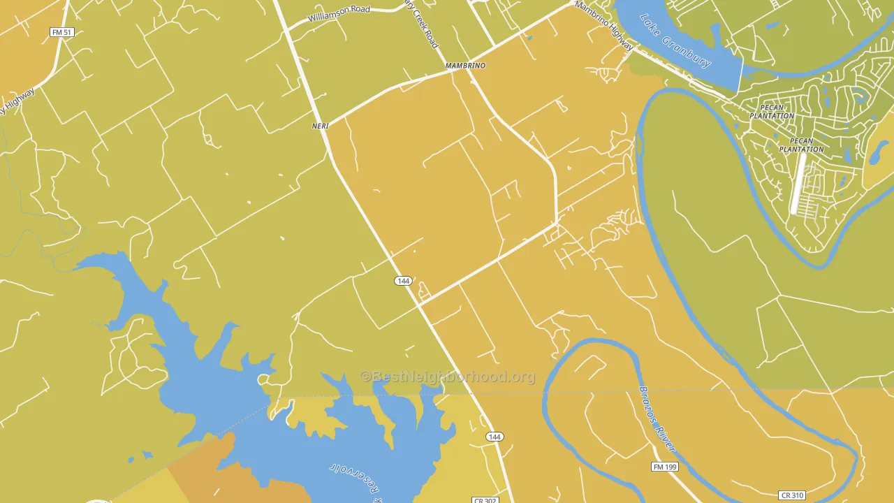 Map of the best neighborhoods in the Mambrino area, with better matches in green and worse matches in red