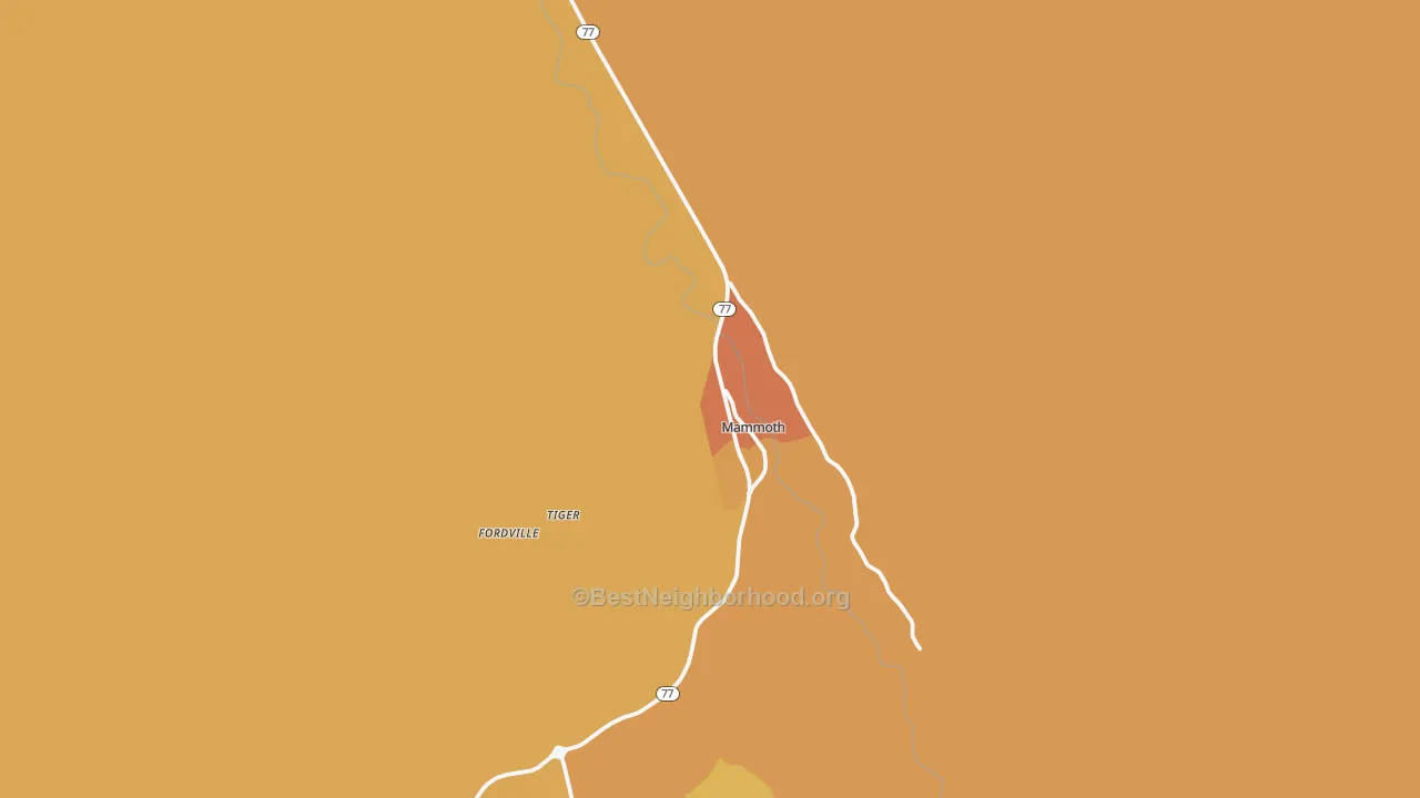 Map of the best neighborhoods in the Mammoth area, with better matches in green and worse matches in red