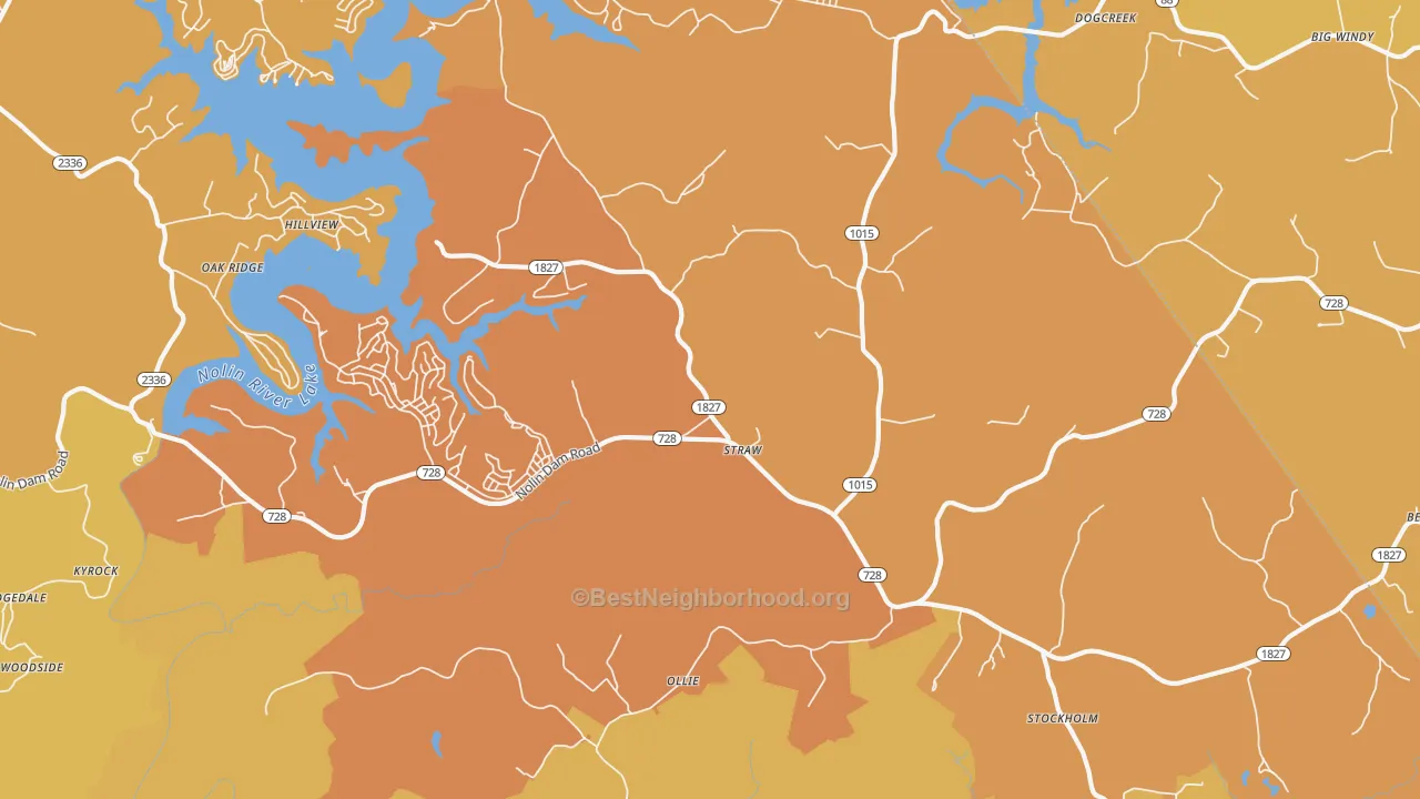Map of the best neighborhoods in the Mammoth Cave area, with better matches in green and worse matches in red