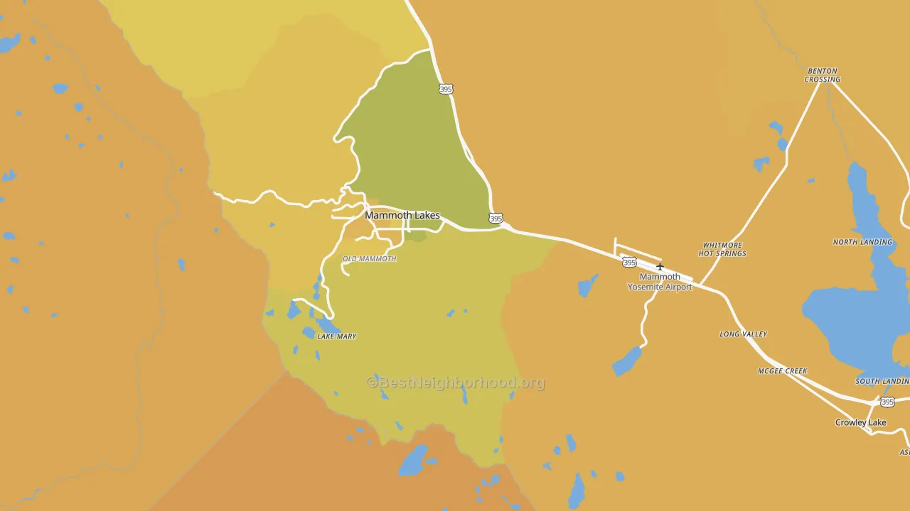 Map of the best neighborhoods in the Mammoth Lakes area, with better matches in green and worse matches in red
