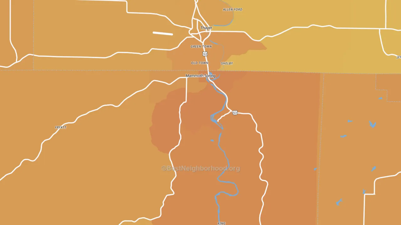 Map of the best neighborhoods in the Mammoth Spring area, with better matches in green and worse matches in red