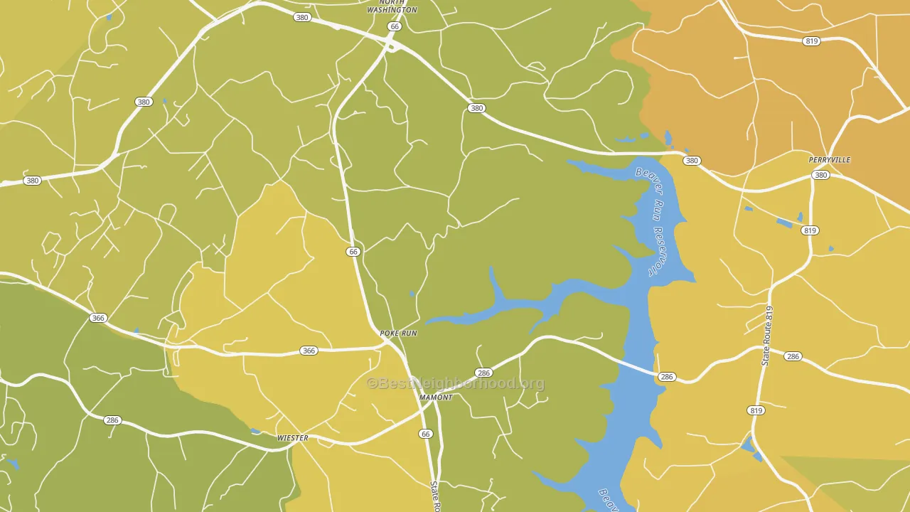 Map of the best neighborhoods in the Mamont area, with better matches in green and worse matches in red