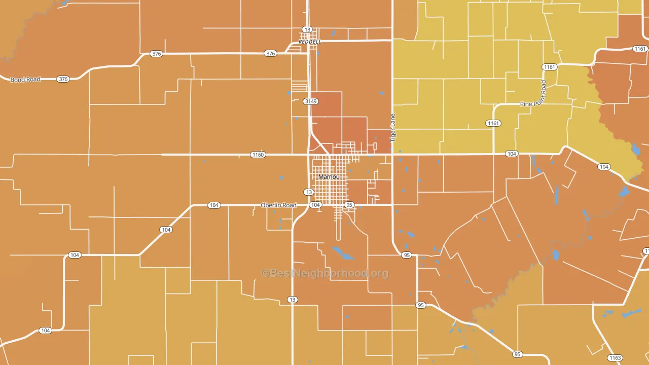 Map of the best neighborhoods in the Mamou area, with better matches in green and worse matches in red
