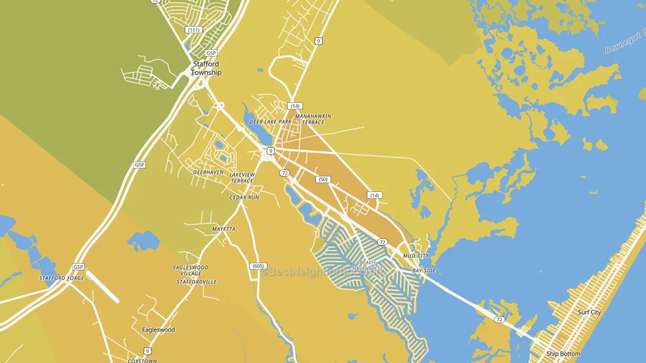 Map of the best neighborhoods in the Manahawkin area, with better matches in green and worse matches in red
