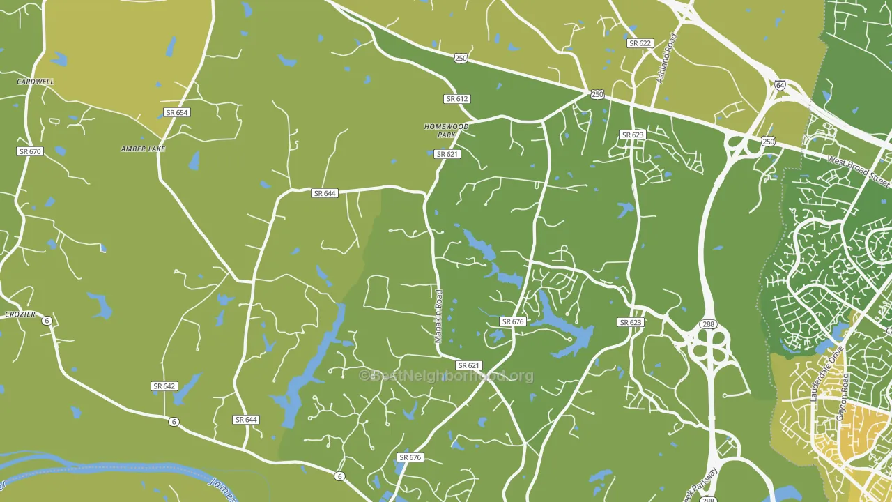 Map of the best neighborhoods in the Manakin-Sabot area, with better matches in green and worse matches in red