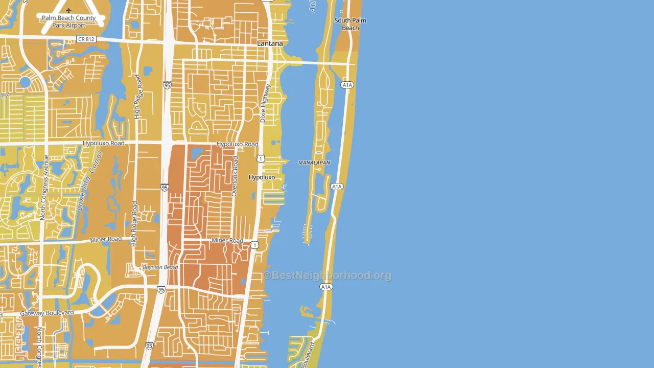 Map of the best neighborhoods in the Manalapan area, with better matches in green and worse matches in red
