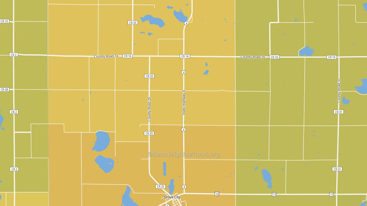Map of the best neighborhoods in the Manannah area, with better matches in green and worse matches in red