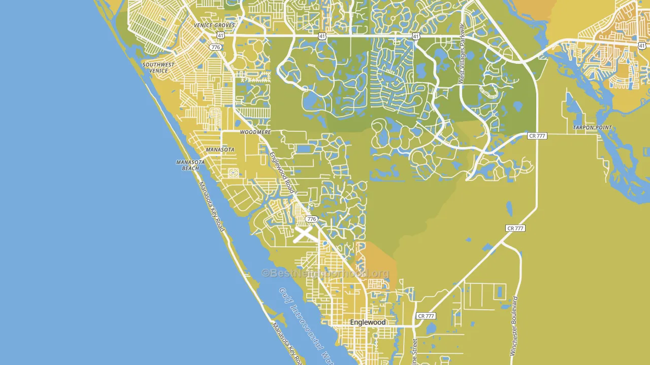 Map of the best neighborhoods in the Manasota area, with better matches in green and worse matches in red