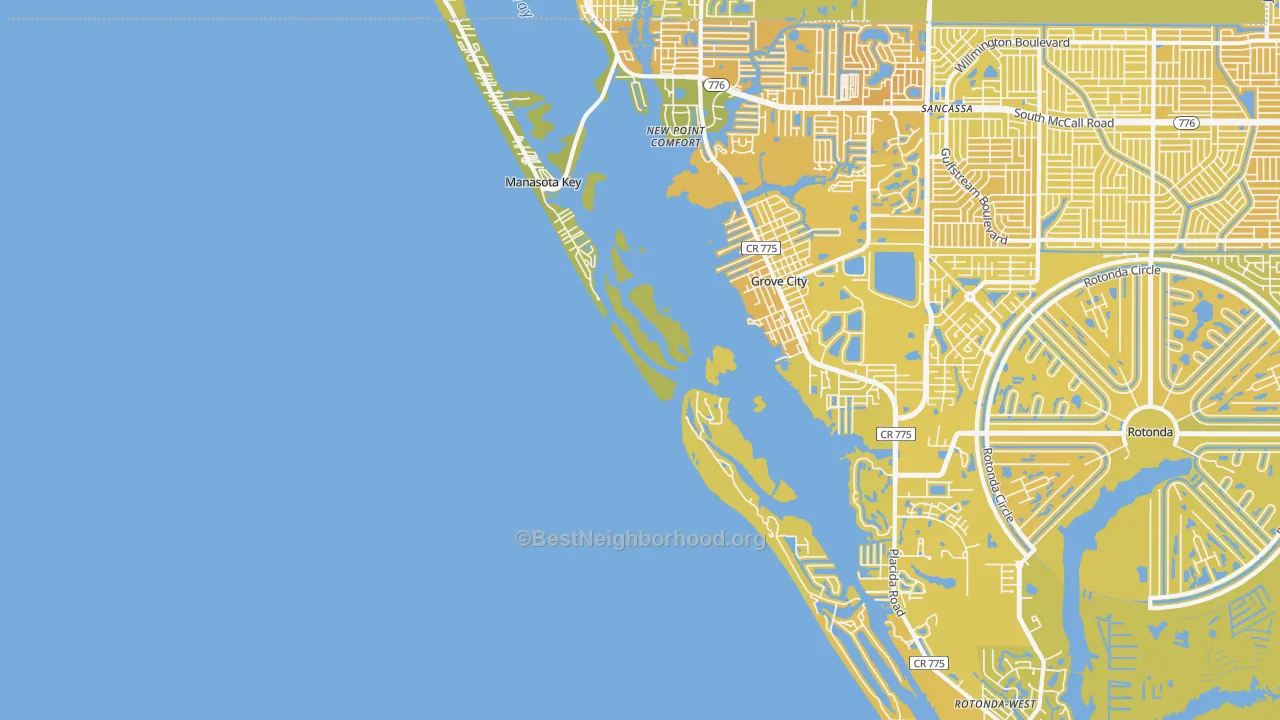 Map of the best neighborhoods in the Manasota Key area, with better matches in green and worse matches in red