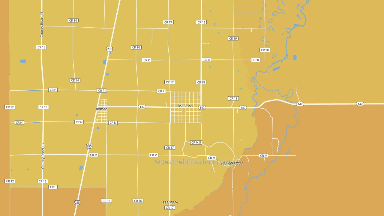 Map of the best neighborhoods in the Manassa area, with better matches in green and worse matches in red