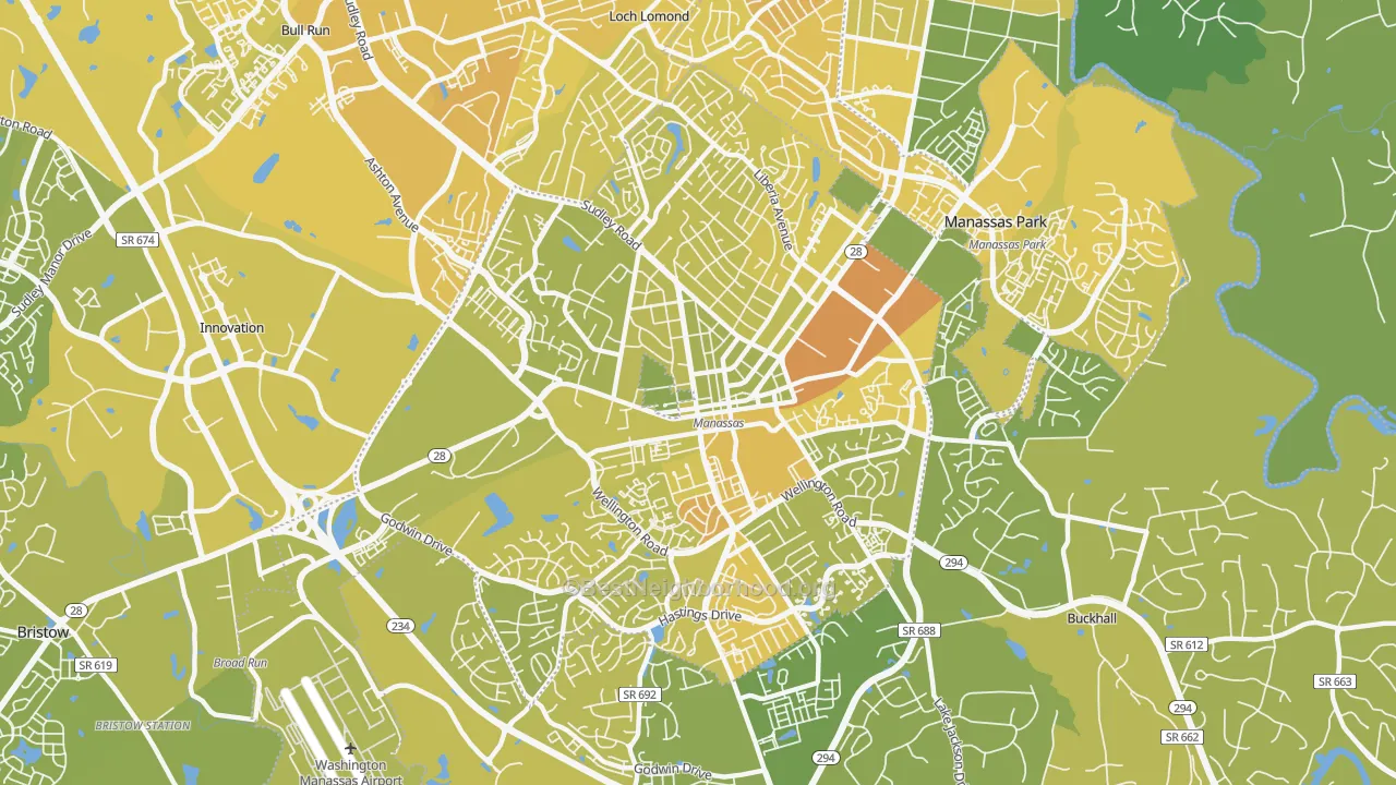 Map of the best neighborhoods in the Manassas City area, with better matches in green and worse matches in red