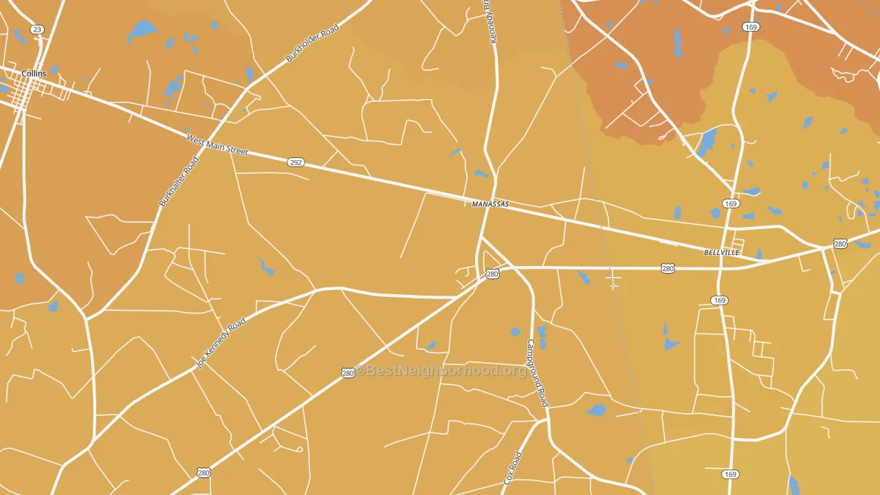Map of the best neighborhoods in the Manassas area, with better matches in green and worse matches in red