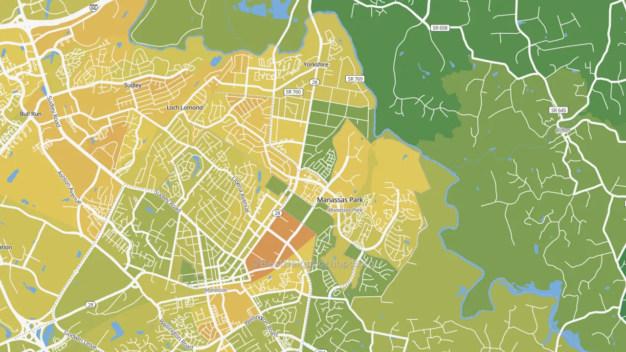 Map of the best neighborhoods in the Manassas Park area, with better matches in green and worse matches in red