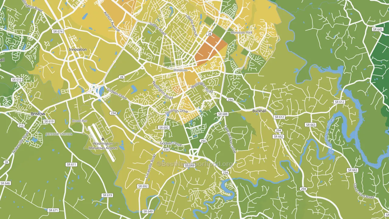 Map of the best neighborhoods in the Manassas area, with better matches in green and worse matches in red