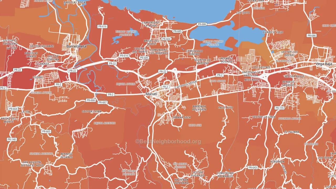 Map of the best neighborhoods in the Manati Municipio area, with better matches in green and worse matches in red