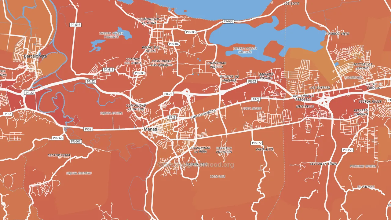 Map of the best neighborhoods in the Manati area, with better matches in green and worse matches in red