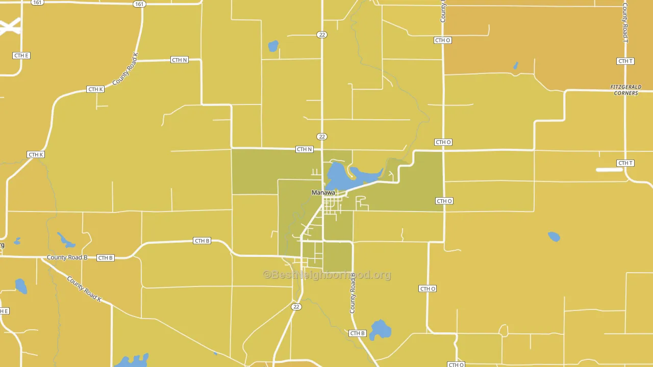 Map of the best neighborhoods in the Manawa area, with better matches in green and worse matches in red