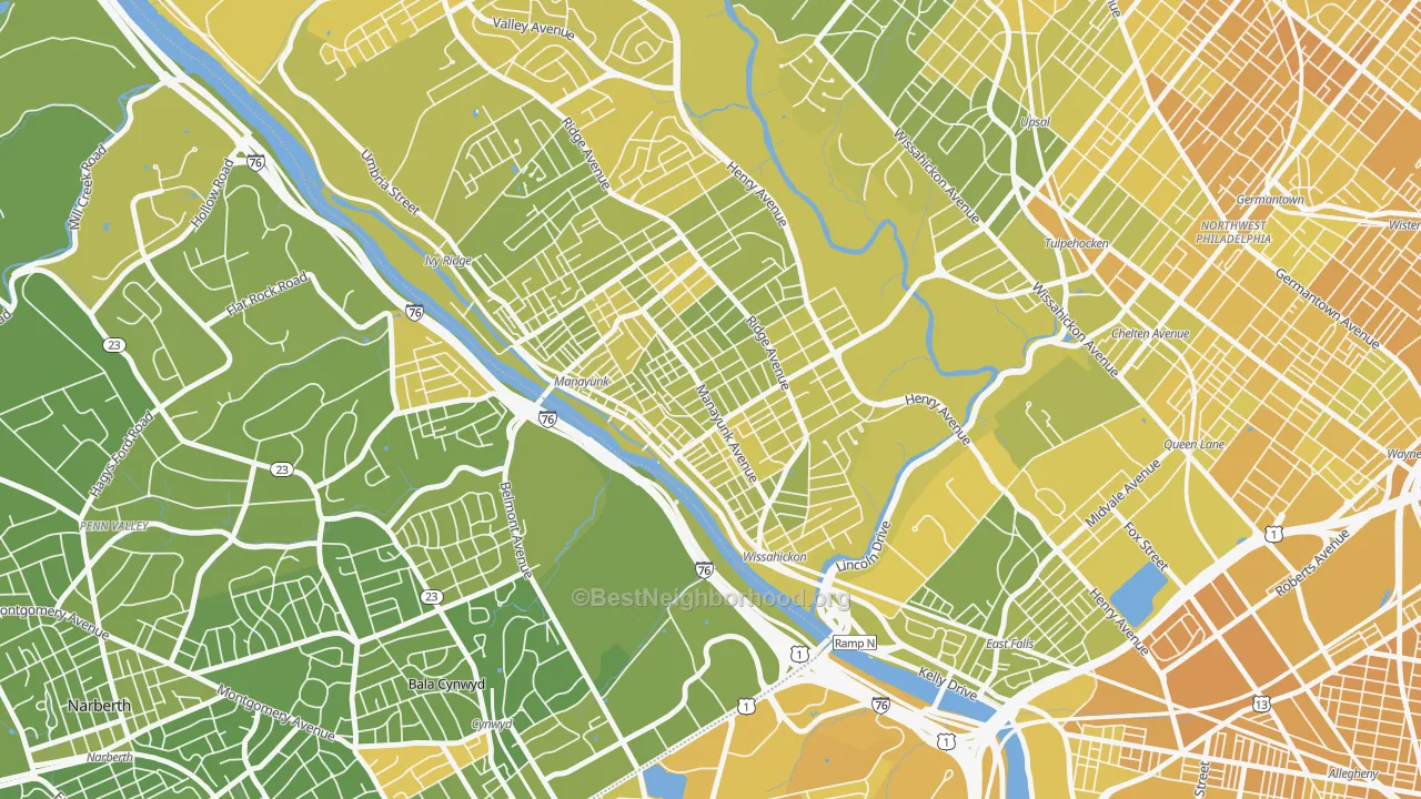 Map of the best neighborhoods in the Manayunk, Philadelphia area, with better matches in green and worse matches in red