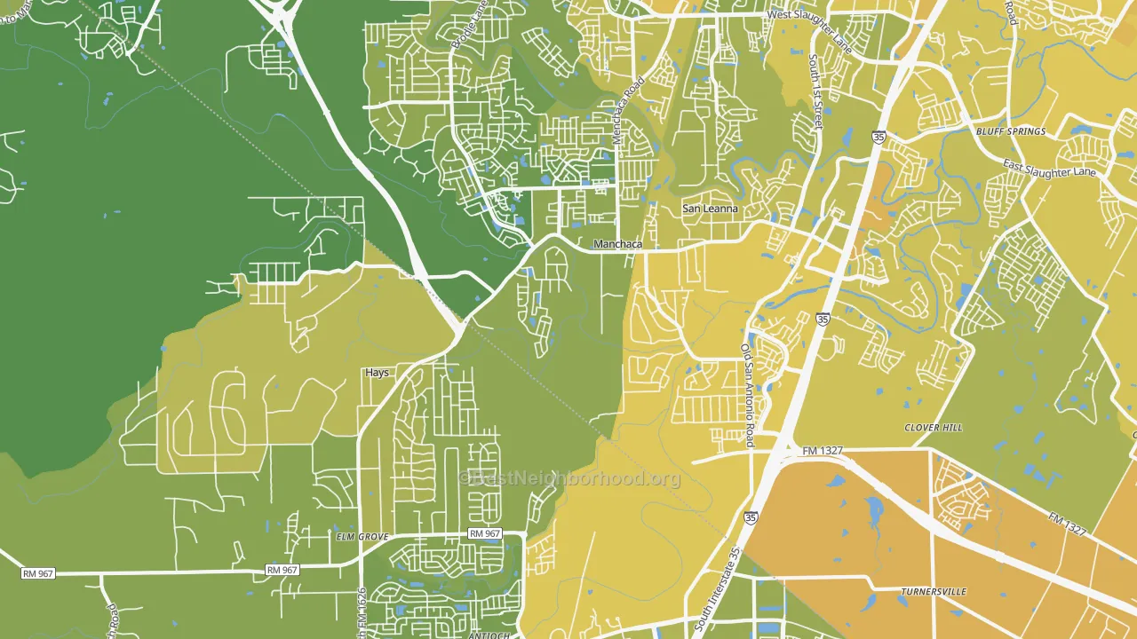 Map of the best neighborhoods in the Manchaca area, with better matches in green and worse matches in red