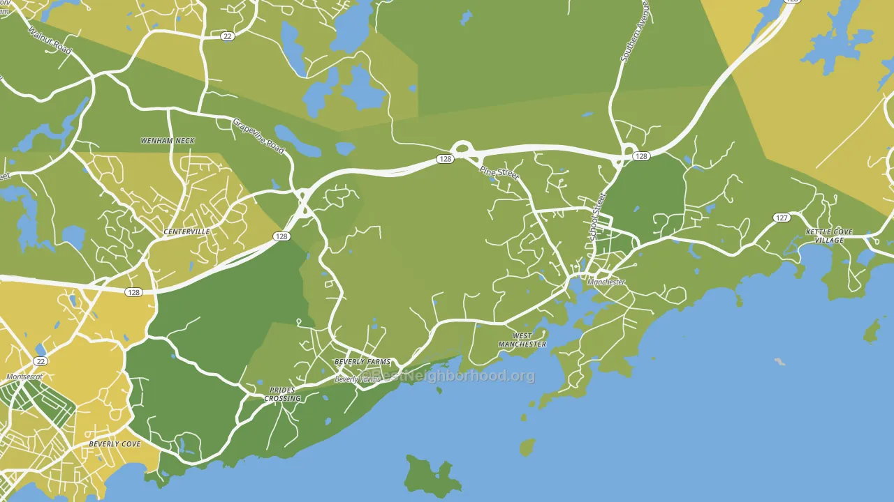 Map of the best neighborhoods in the Manchester-By-The-Sea area, with better matches in green and worse matches in red