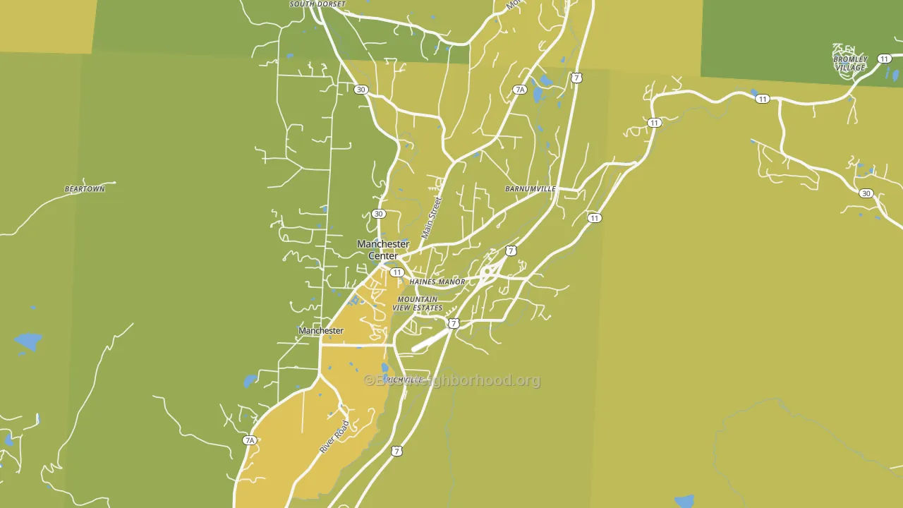 Map of the best neighborhoods in the Manchester Center area, with better matches in green and worse matches in red