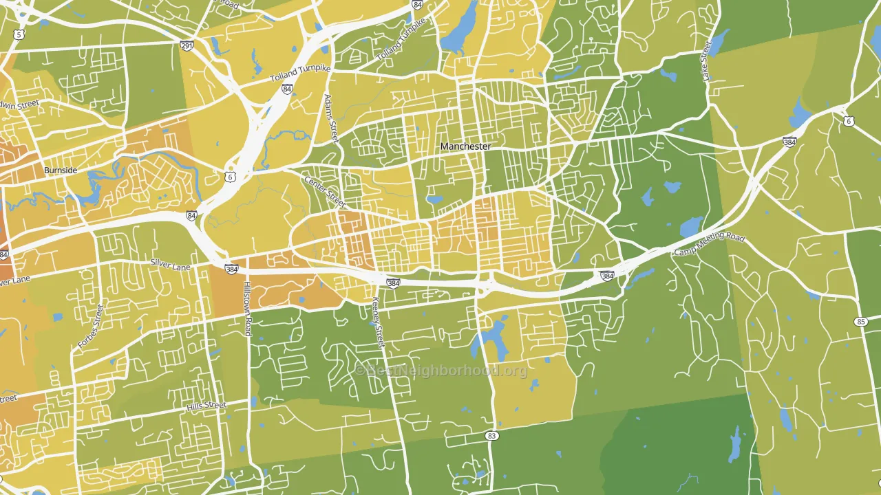 Map of the best neighborhoods in the Manchester area, with better matches in green and worse matches in red