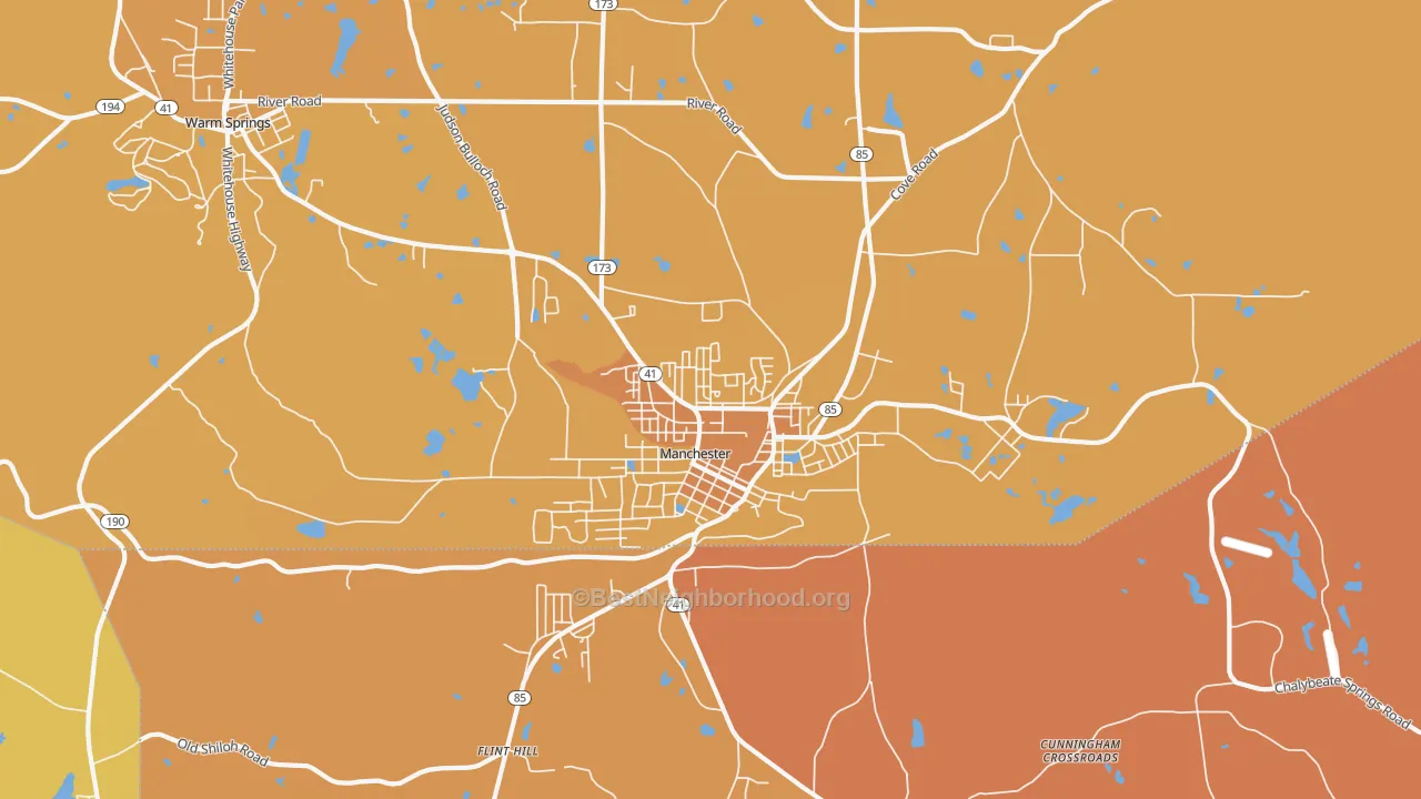 Map of the best neighborhoods in the Manchester area, with better matches in green and worse matches in red