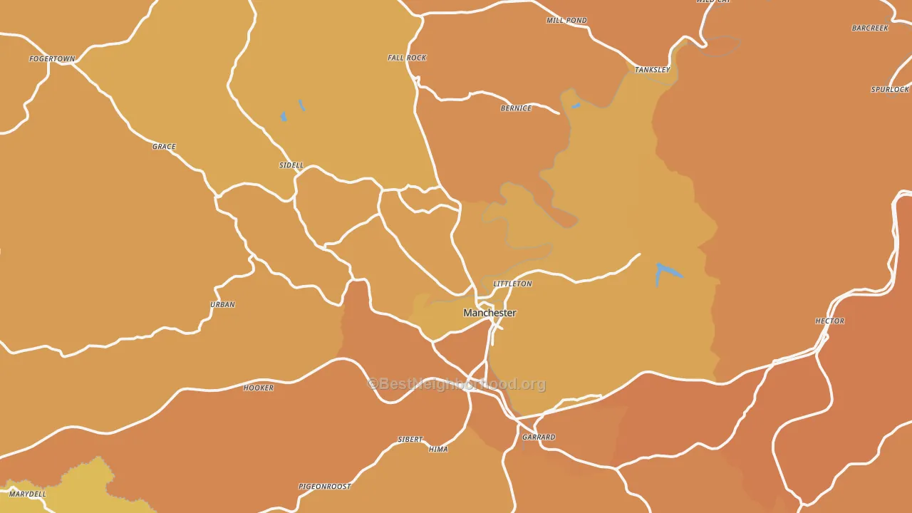 Map of the best neighborhoods in the Manchester area, with better matches in green and worse matches in red