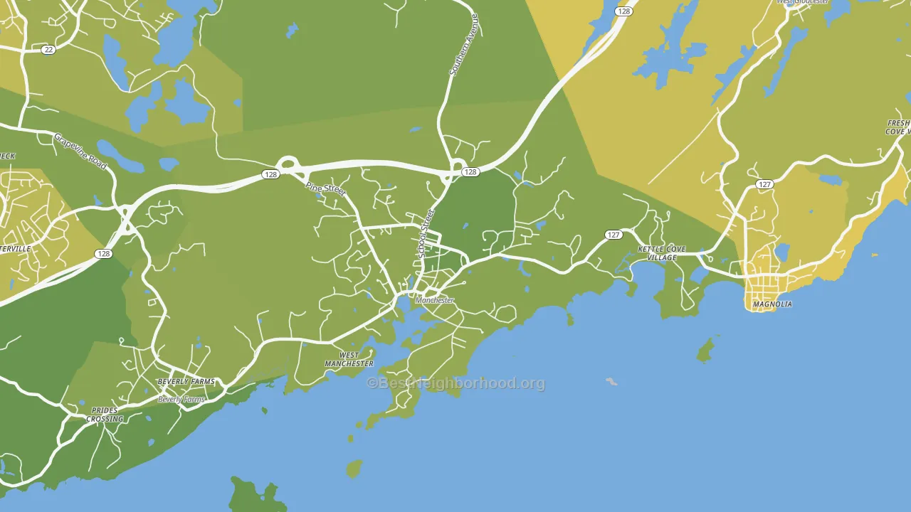 Map of the best neighborhoods in the Manchester area, with better matches in green and worse matches in red