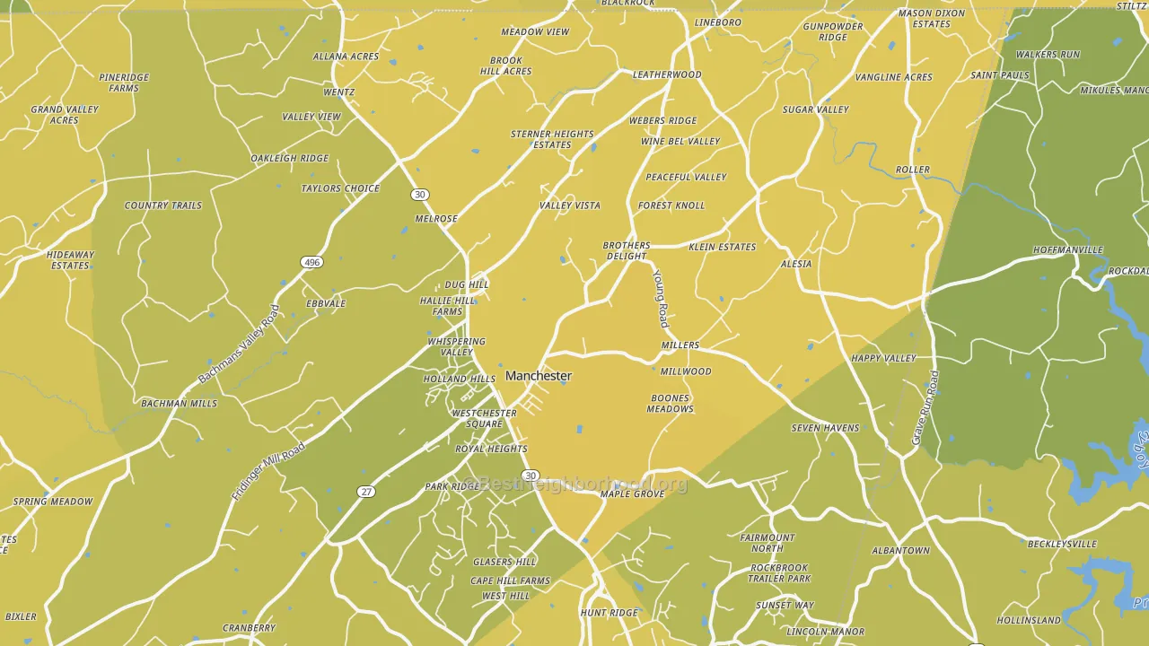 Map of the best neighborhoods in the Manchester area, with better matches in green and worse matches in red